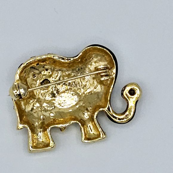 Vintage Jeweled Elephant Brooch Black Enamel Indian Asian Gold Tone Jewelry Pin - Picture 9 of 10